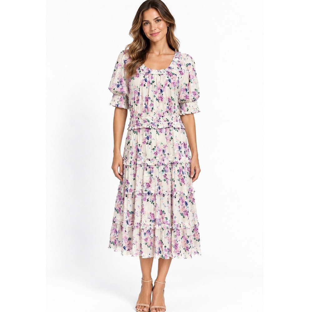 Ivy City Women's Floral Puff Sleeve Ruffle Waist Cottagecore Midi Dress Size 1X